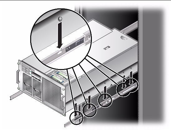 Figure showing how to align server pins with Version 2 slide rail keyholes.