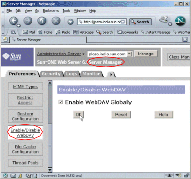Figure showing the Enable/Disable WebDAV Globally page.