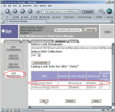 Figure showing the listing of lock information on the virtual server's Lock Management page.