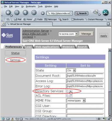 Figure showing the Settings page in the Virtual Server manager