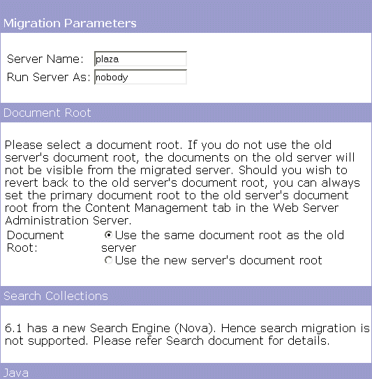 Figure showing the Migration Parameters page.