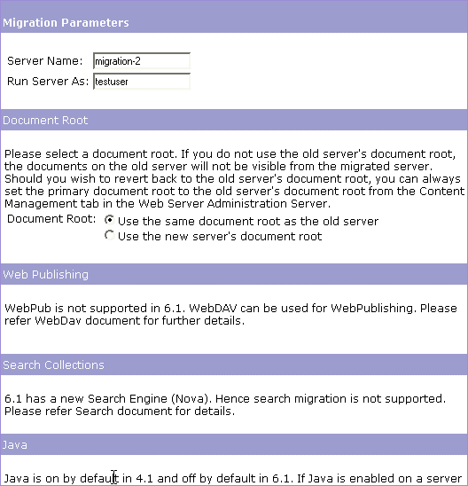 Figure showing the Migration Parameters page.