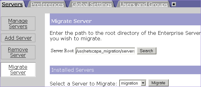 Select a server to migrate