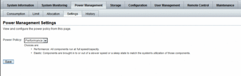 image:Power Policy properties on Settings web interface tab for SPARC servers 