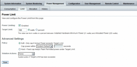 image:Advanced Power Capping Policy Properties in Web Interface as of Oracle ILOM 3.0.8