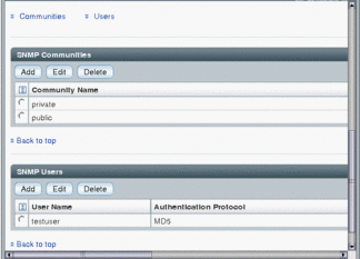 image:Screen shot of the Oracle ILOM SNMP web interface for adding, editing, and deleting communities and users.