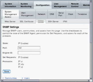 image:Screen shot of the Oracle ILOM SNMP Settings page.