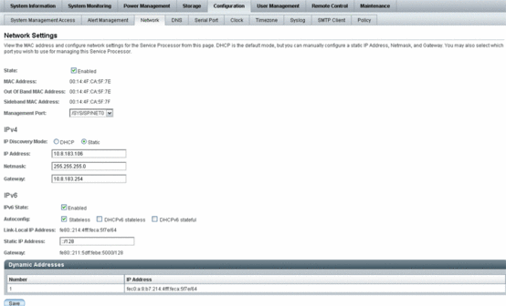 image:Screen shot showing Oracle ILOM Server SP web interface for network settings for dual stack IPv4 and IPv6.