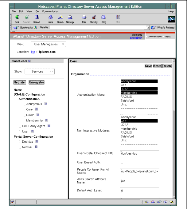This figure is a screen shot of the iPlanet Directory Server Access Management Edition Admin Console.  See the text preceding the figure for a description of the screen.
