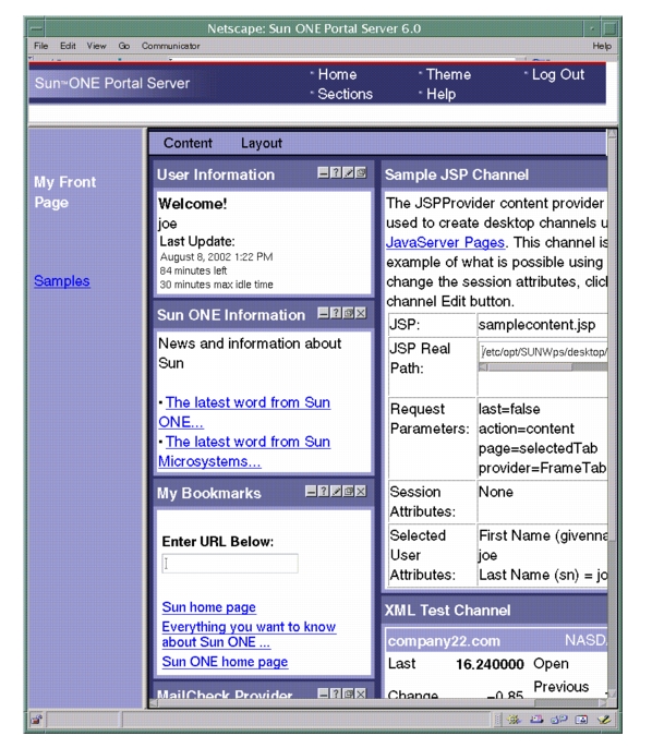 The frame-based Desktop, showing the initial page, My Front Page. The second page is accessed by the Samples link.