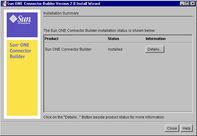 Figure shows Connector Builder Installation Summary Screen
