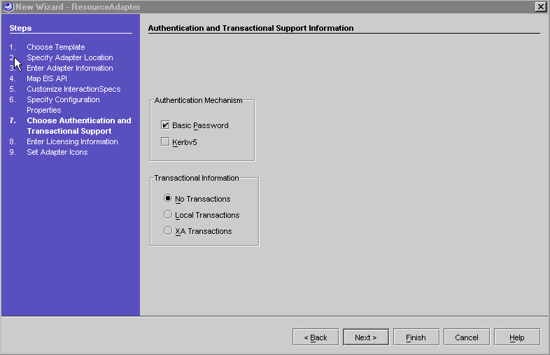 Figure shows Authentication and Transactional Support Panel
