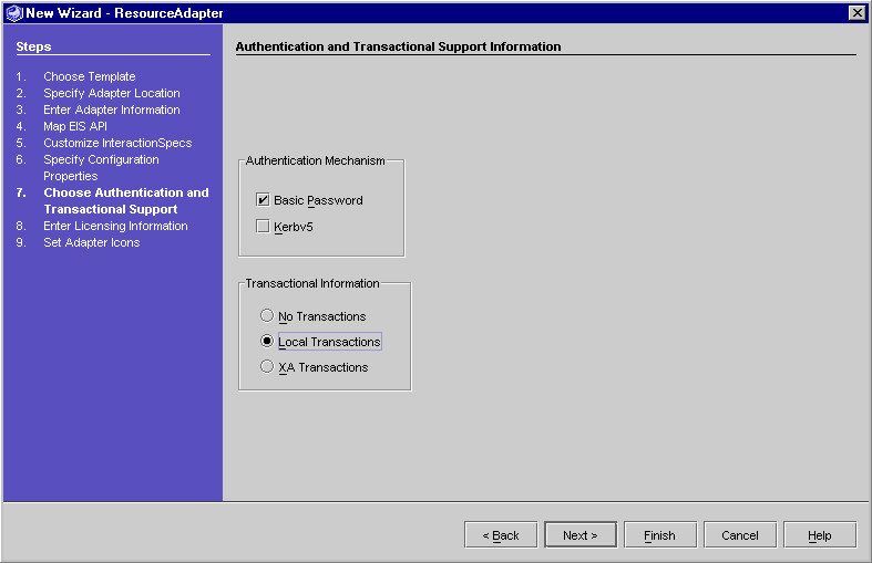 Figure shows Authentication and Transactional Support Panel
