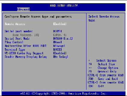 Graphic showing BIOS Setup Utility: Advanced - Configure Remote Access type and parameters.