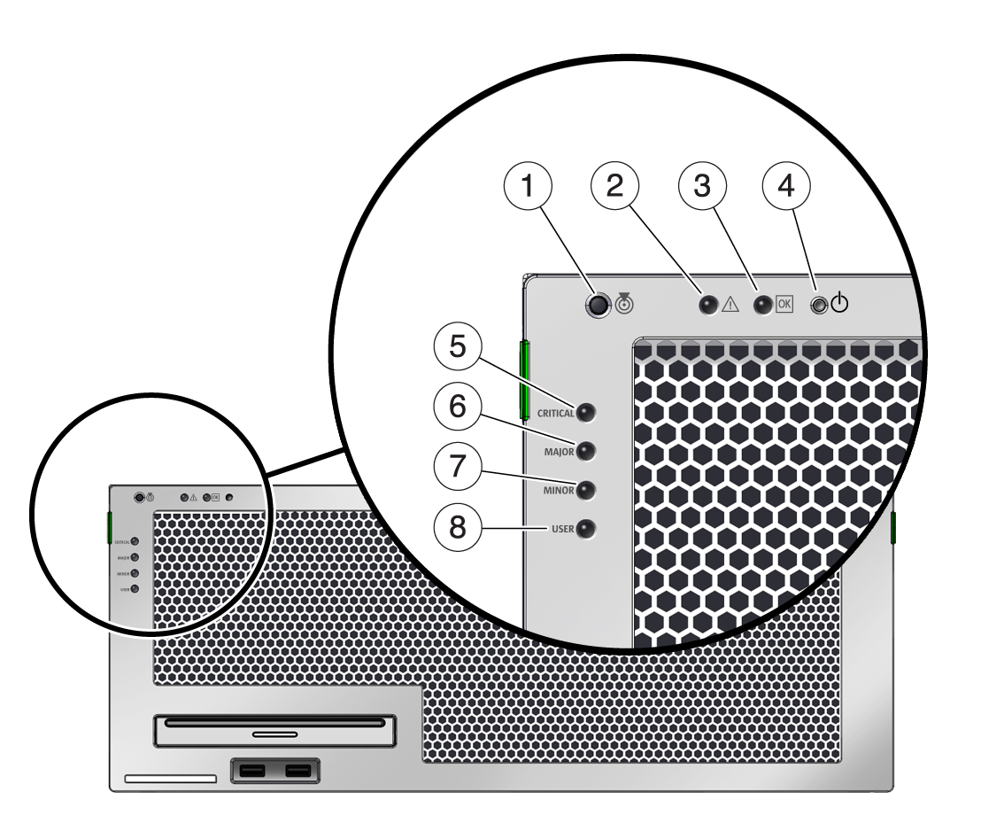 image:Figure showing the the location of the server and alarm status indicators on the front bezel