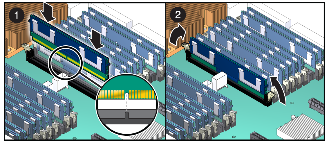 image:Figure showing how to insert the FB-DIMM into the slot on the motherboard assembly