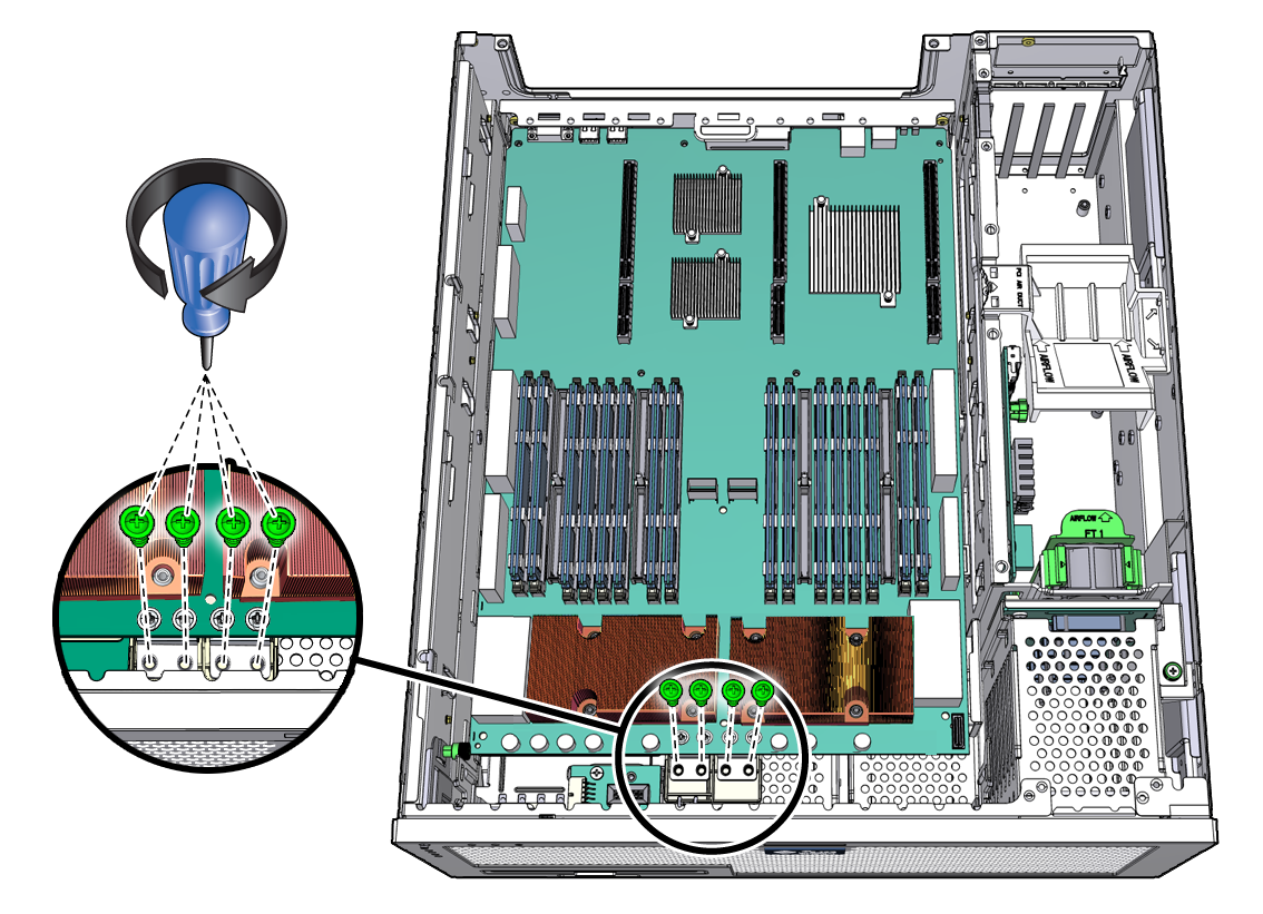 image:Figure showing the tightening of the motherboard screws to the chassis