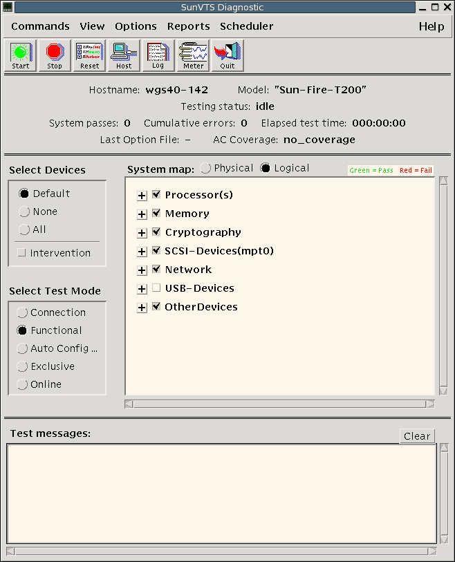 image:Figure showing the SunVTS GUI for the server and the various buttons and areas on the GUI screen.