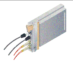 The figure shows two Fibre Channel optical cables (bottom) and two Ethernet cables (top) connecting to the HBA.