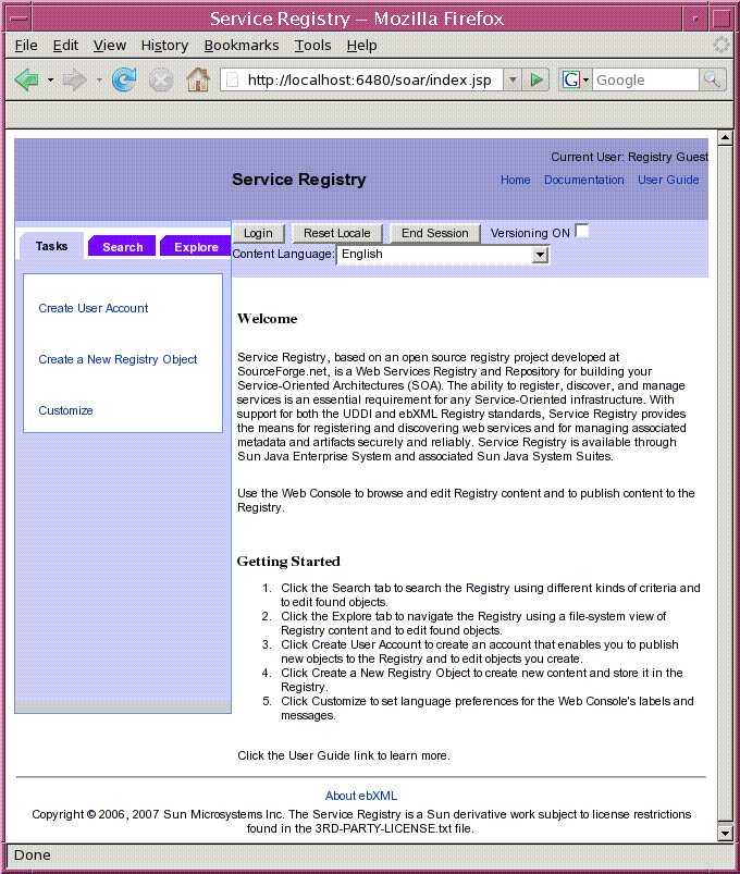 Web Console welcome page