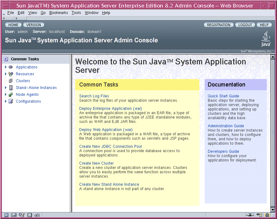 Admin Console has banner pane across the page, left pane
with common tasks tree, and right pane with Welcome and links for Common Tasks
and docs. 