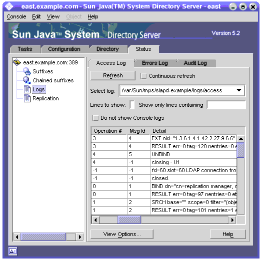 Screen capture showing log contents and controls on the Logs node on top-level Status tab of the Directory Server console