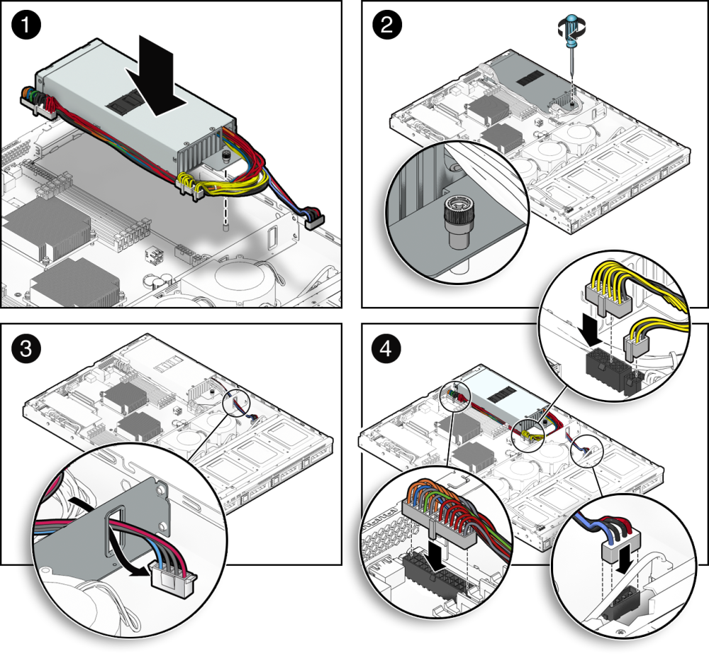 image:An illustration showing the steps for installing a power supply.