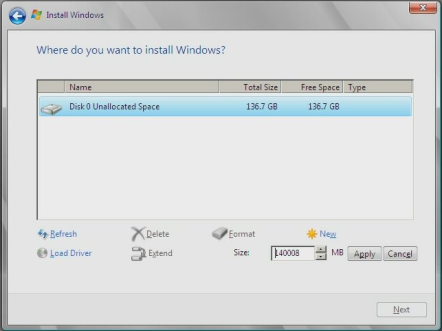 image:Where to Install Windows dialog, manage partitions