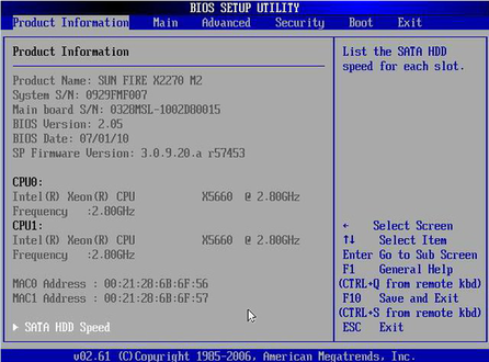image:The BIOS Setup Utility Product Information screen.
