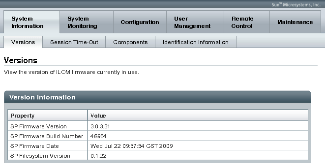 image:Example of ILOM Versions screen.