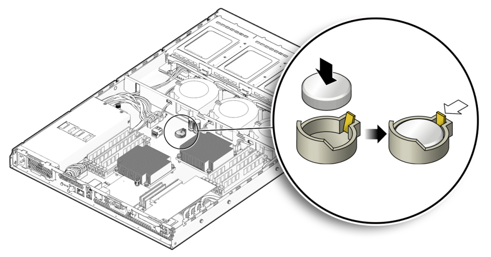 image:An illustration showing how to install the system battery.