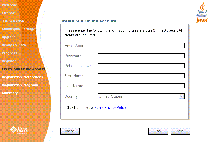 Screen for creating a Sun Online account.