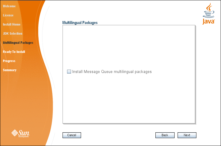 Screen capture showing Message Queue Installer’s
Multilingual Packages screen. 
