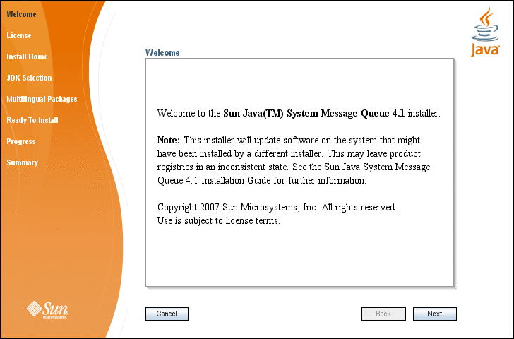 Screen capture showing Message Queue Installer’s
Welcome screen. 