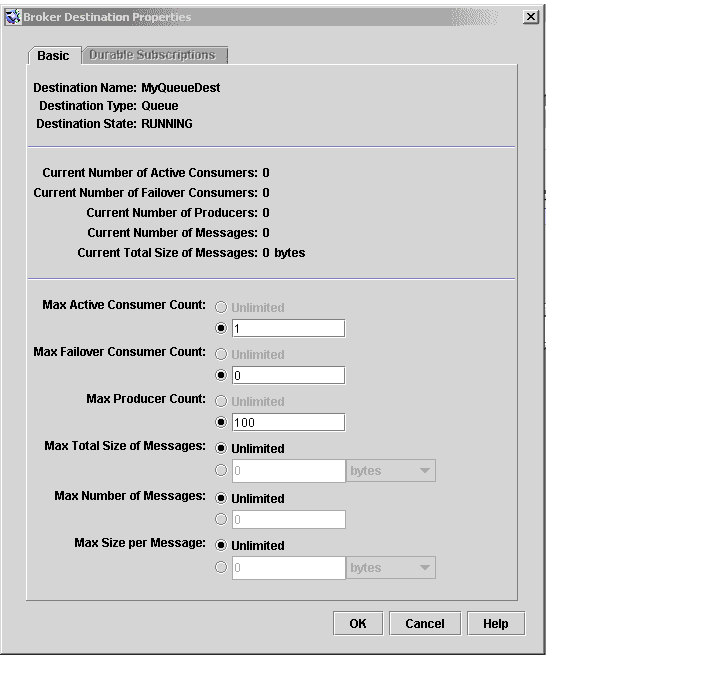 Broker Destinations Properties dialog. Buttons from left to right: OK, Cancel, Help.