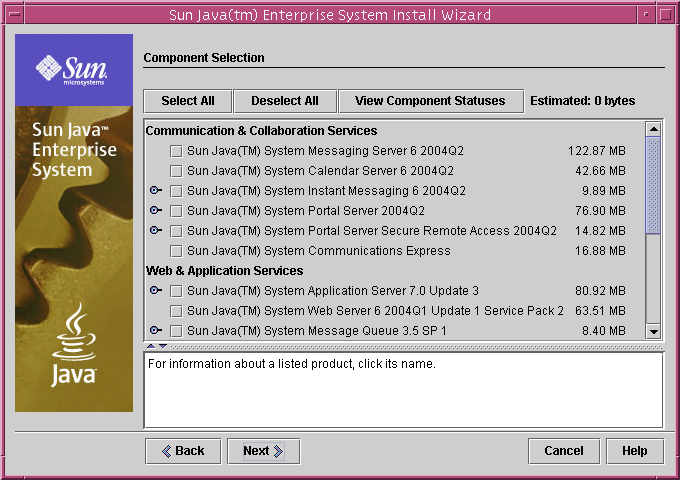 Example screen capture of the installer's Component Selection page.