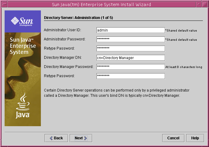 Example screen capture of the installer's Directory Server: Administration (1 of 5) page.