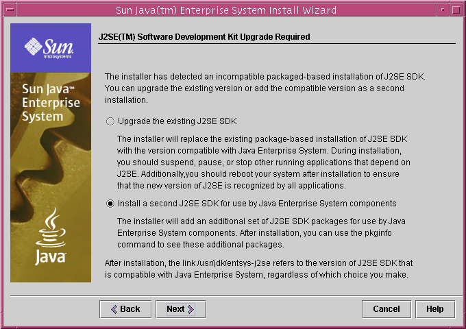 Example screen capture of the installer's J2SE Software Development Kit Upgrade Required page.