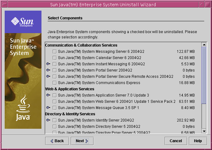 Screen capture of the uninstaller's Select Components screen.