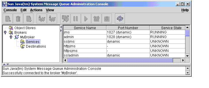 Message Queue Administration Console window. Broker services node selected. Contents of node displayed in the contents pane.