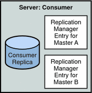 Figure shows a detailed view of the Replication Manager
entries that must be set up on Consumer E in a fully meshed topology.
