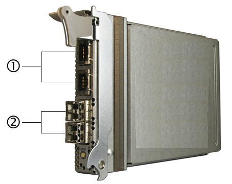 image:The figure shows where the Fibre Channel optical cables (bottom) and Ethernet cables (top) connect to the HBA.