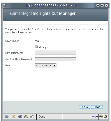 Screen capture showing ILOM User Account Password Dialog.