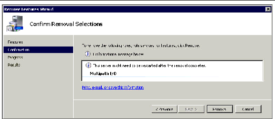 Screen showing system asking you to confirm removal of multipath I/O.