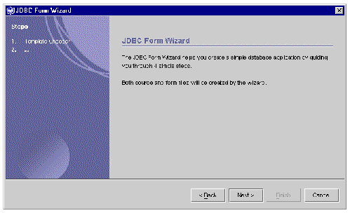 Screen shot showing first panel of JDBC Form Wizard. Buttons are Next and Cancel.
