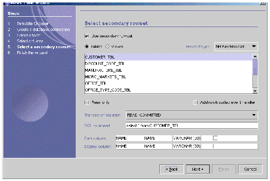 Screen shot showing fifth panel of JDBC Form Wizard. Heading in panel reads, "Select secondary rowset." Buttons are Back, Next, and Cancel.