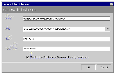 PointBase's Connect To Database dialog box showing the example values entered.