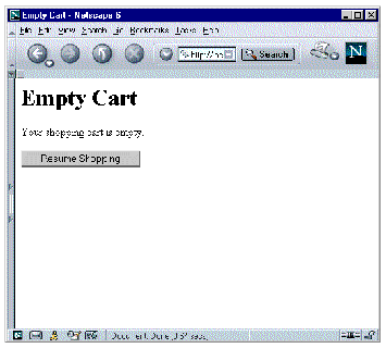 Empty Cart page in a web browser showing a message saying the shopping cart is empty and a Resume Shopping button.