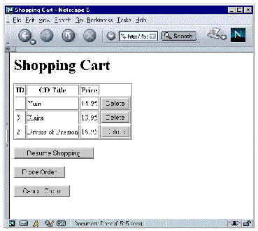 Shopping Cart page in a web browser showing a table of three selected CD records plus their Delete buttons. Other buttons shown for user actions.