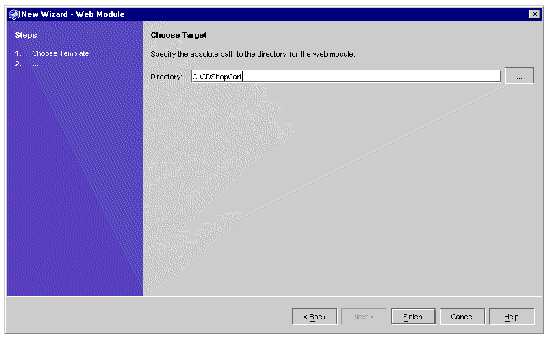 New wizard's Choose Target pane showing the target directory field with its ellipsis button. Activated buttons are Back, Next, Cancel, and Help.